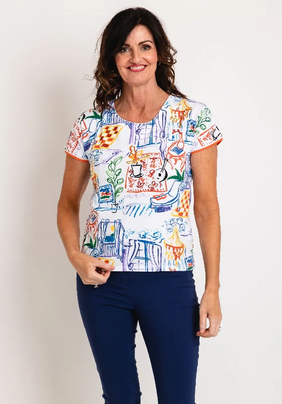 Elegant Dressing Leo & Ugo Multi Print Embellished Top, White