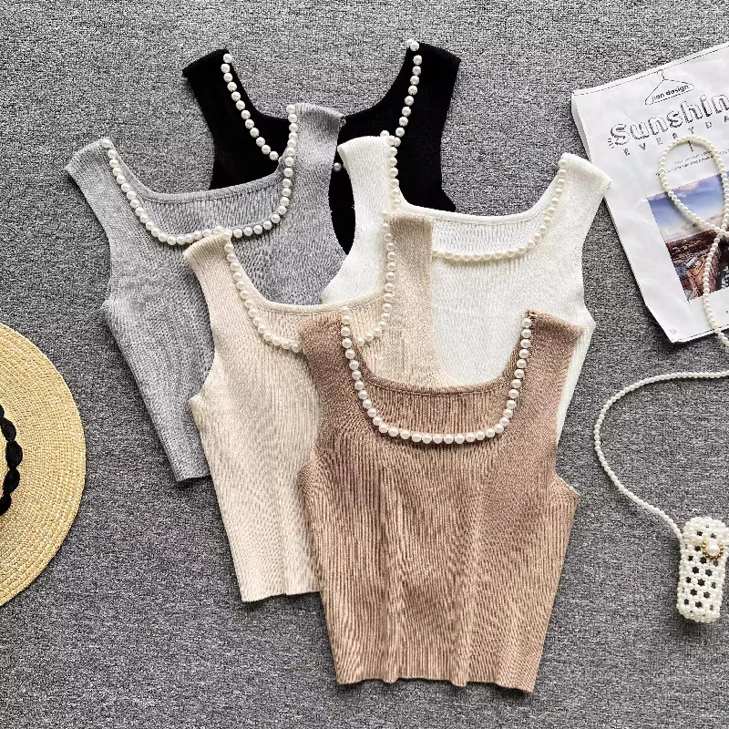 Warm Layers Square neck sleeveless beaded pleatedfor women knitted chic top     S4622