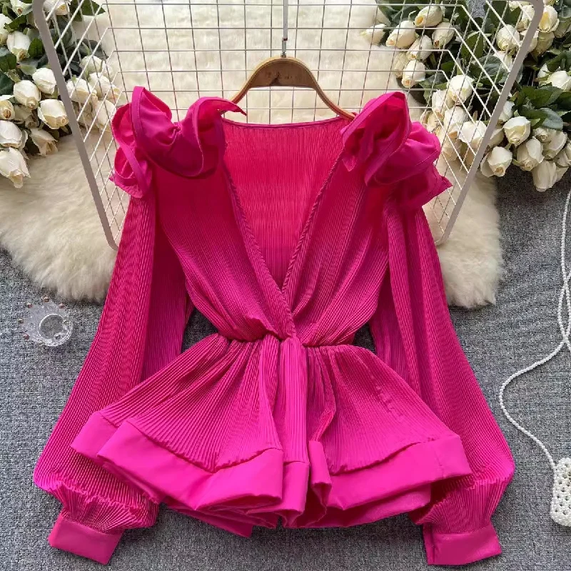 Classic Comfort fashion new design ruffle pleated V-neck pullover shirt for women     S4612