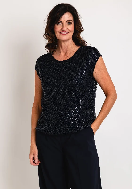 Breezy Outfits Gerry Weber Sequin Netted Layer Top, Navy