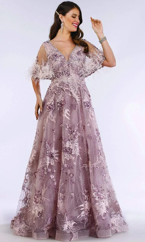 Casual Chic Outfits Lara Dresses - 29622 Feathery Sheer Cape Sleeve Embellish A-Line Gown