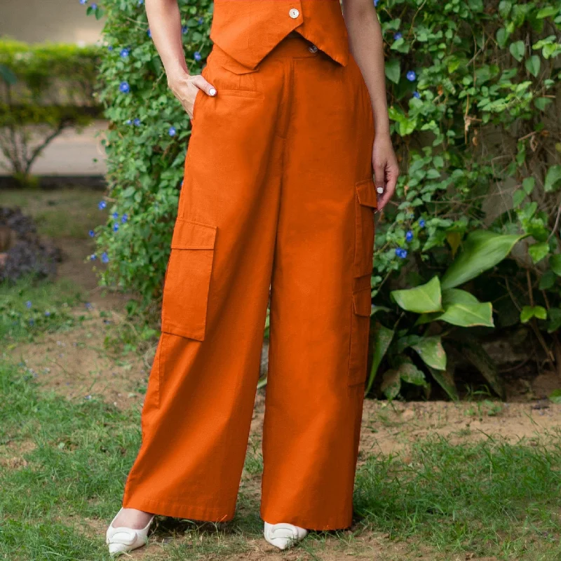 Versatile Casuals Orange Cotton Poplin High-Rise Elasticated Wide Legged Cargo Pant