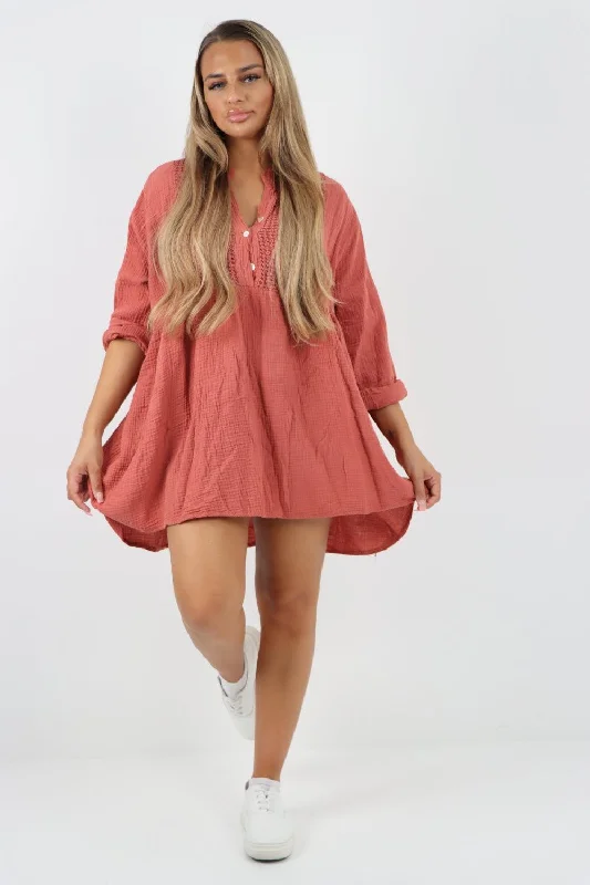 Light Dressing Button Down Grandad Collar Cotton Turn Up Sleeve Tunic dress