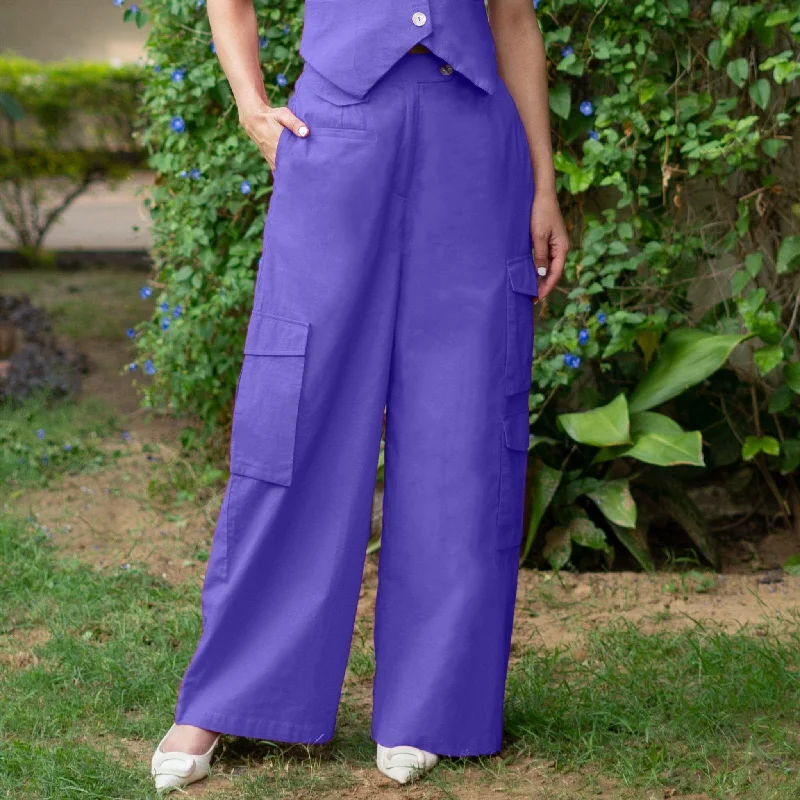Cozy Fashion Royal Purple Cotton Poplin High-Rise Elasticated Wide Legged Cargo Pant