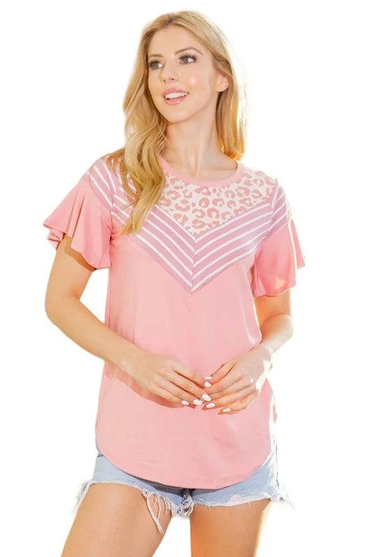 Warm Chic Multi Fabric Contrast Ruffle Sleeve Knit Top