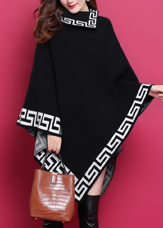 Stylish Jackets Plus Size Black Asymmetrical Print Patchwork Knit Sweaters Dresses Fall