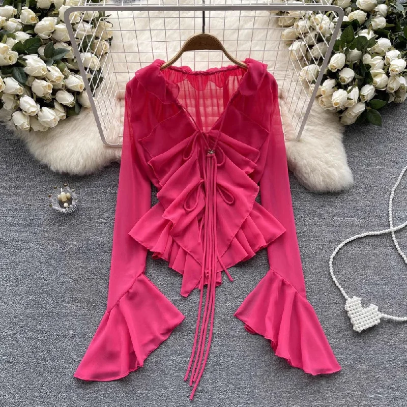 Cozy Fitting Designed irregular bell-sleeved chiffon shirt for women new style ruffled V-neck top trendy      S4601