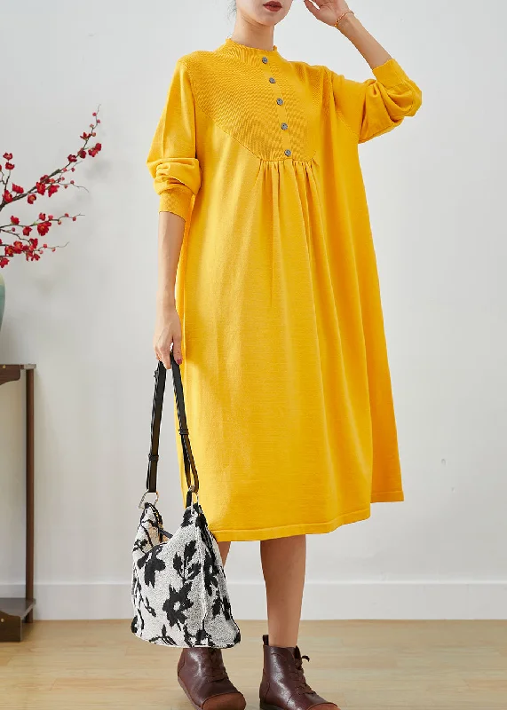 Casual Comfort Women Yellow Stand Collar Patchwork Button Knit Sweater Dress Fall