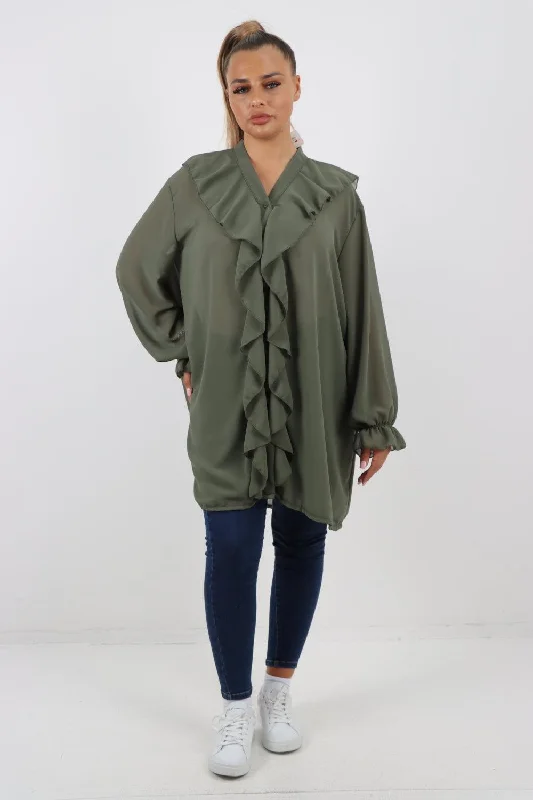 Cozy Fashion Full Ruffle Front Long Sleeve V Neck Shirt Top