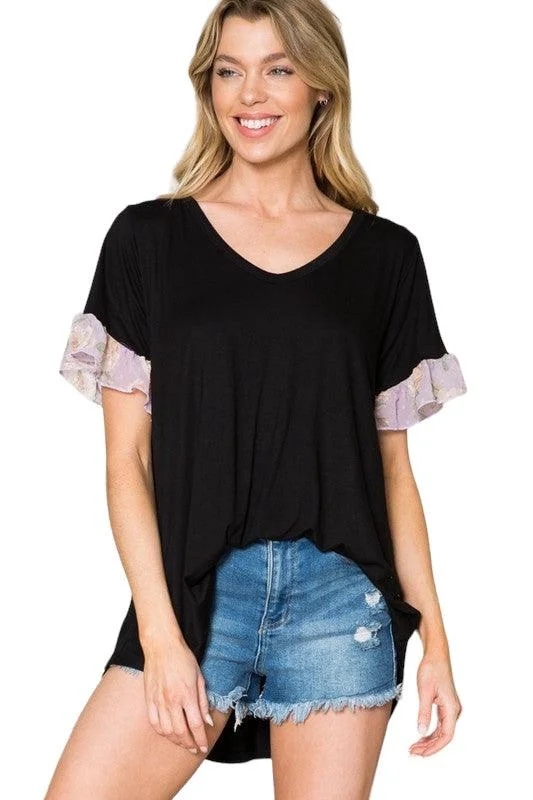 Cozy Lifestyle Ruffle Sleeve Contrast V Neck Top