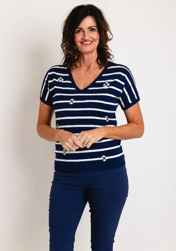 Casual Ease Leo & Ugo Sequin Detail Striped Top, Navy & White
