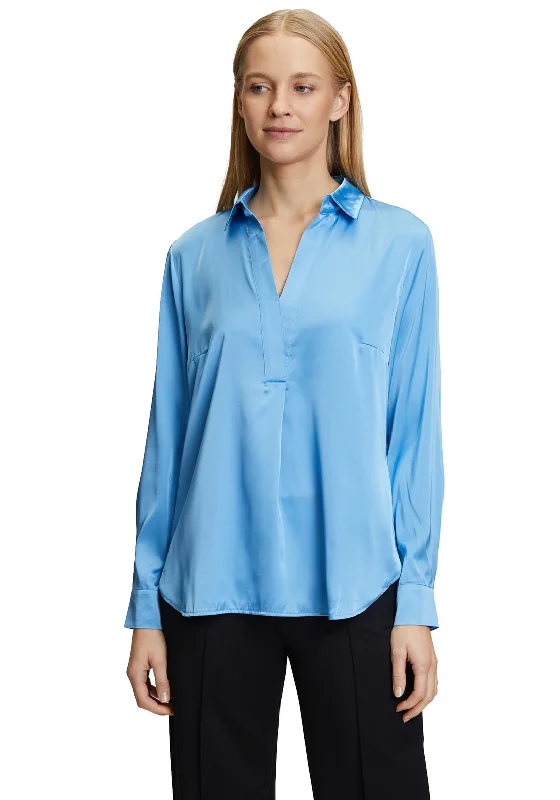 Weekend Comfort Wear Betty Barclay Satin Feel V-Neck Blouse, Azure Blue