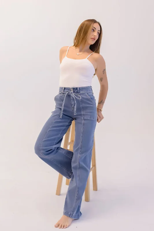 Breezy Comfort Norah High Rise Waist Tie Wide Leg Jeans Medium Wash