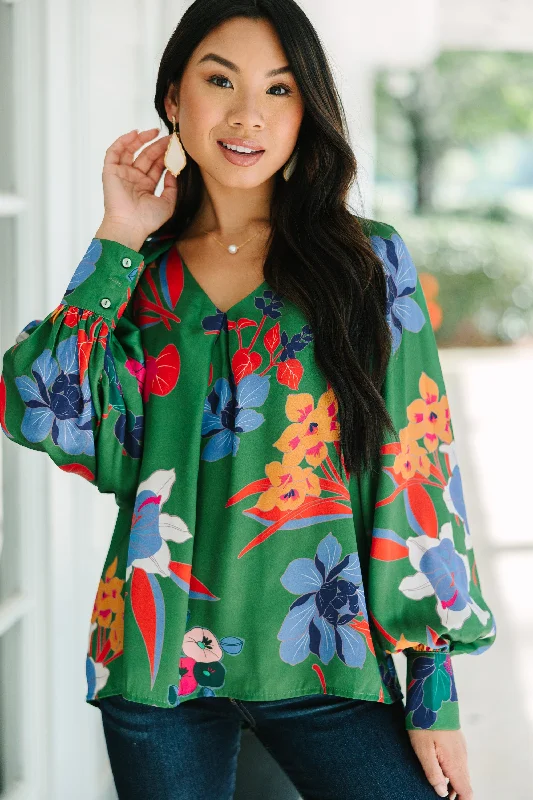 Breathable Style Just For You Green Floral Satin Blouse