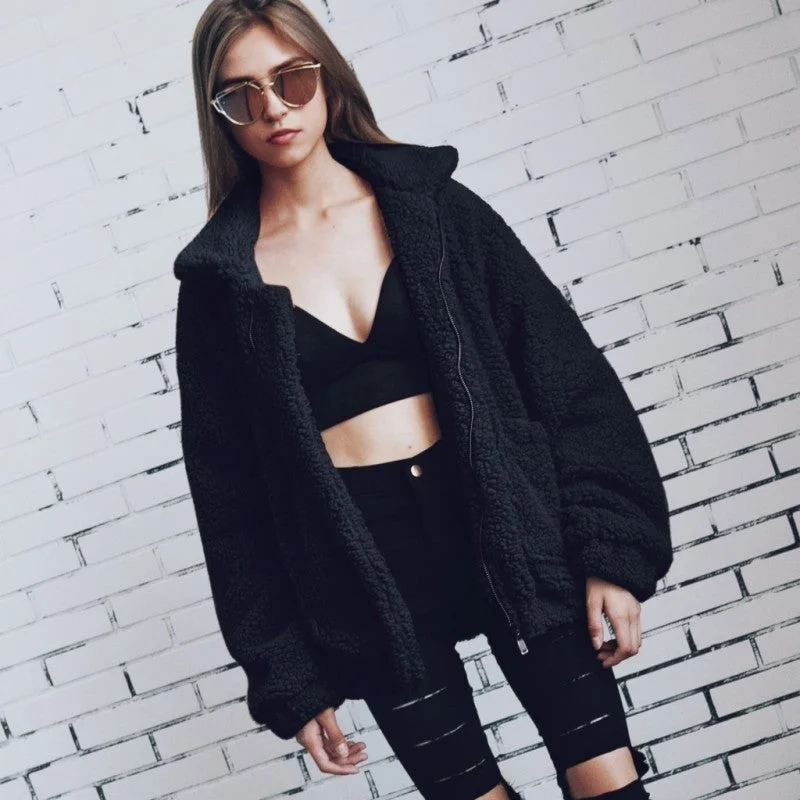 Light Comfort Oversized Teddy Bear Zipup Jacket - Black