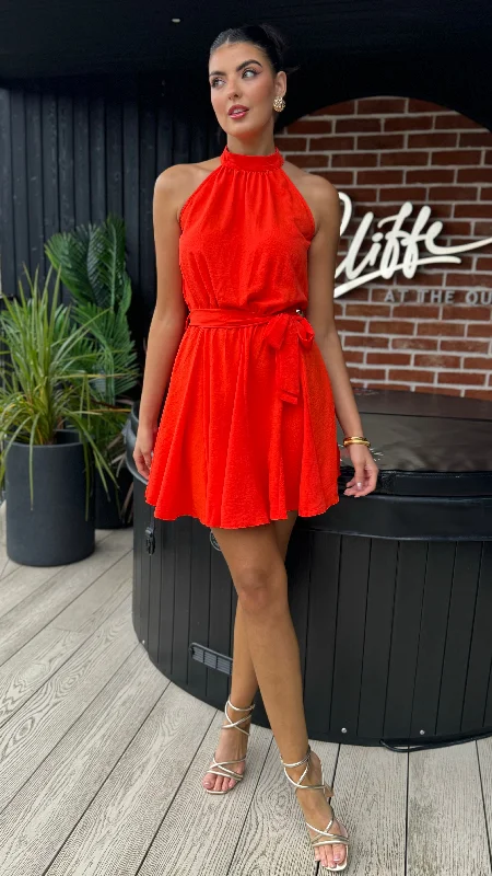 Relaxed Weekend Wear Ciara Orange Halter Neck Tie Waist Skater Mini Dress