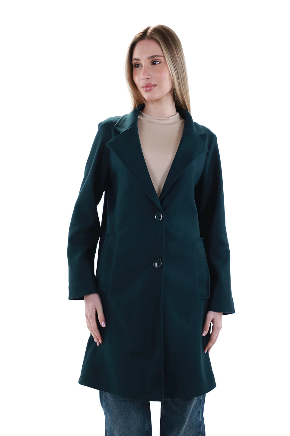 Cozy Essentials Dark Green Buttoned Coat With Slanted Pockets