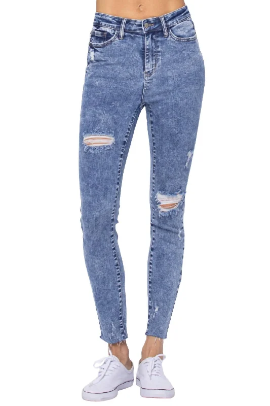 Easygoing Fashion High Rise Destroyed Skinny Jean In Acid Wash