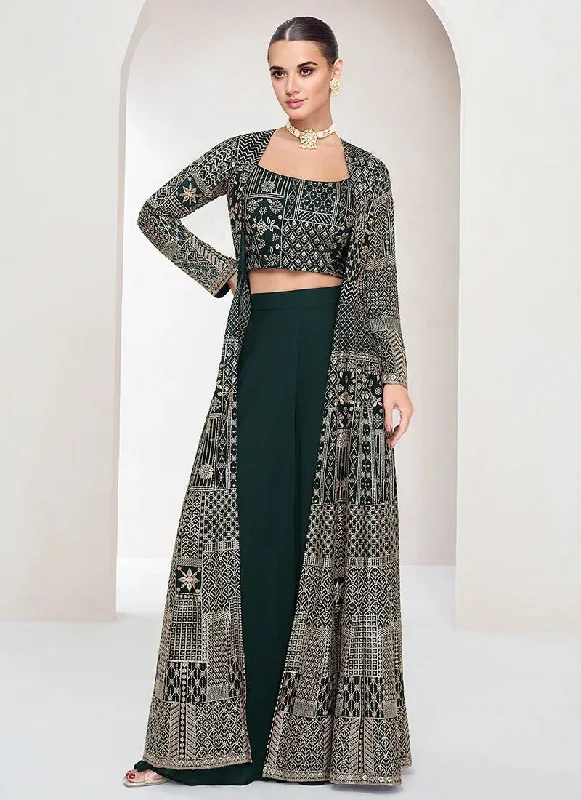 Versatile Outfits Fantastic Dark Green Embroidered Jacket Style Palazzo Suit