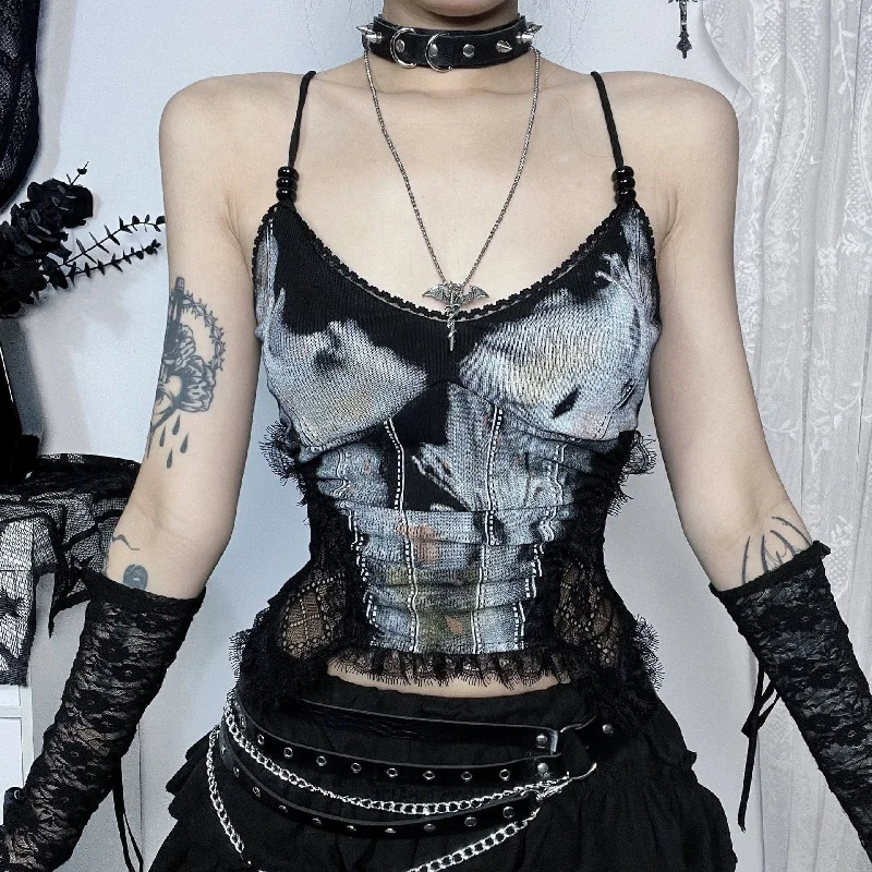 Cozy Chic Wear Women's Grunge Ruched Lace Splice Tank Top