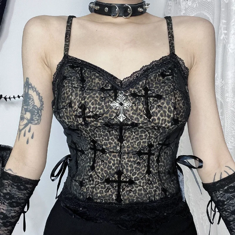 Soft Looks Women's Gothic Cross Leopard Flocking Tank Top