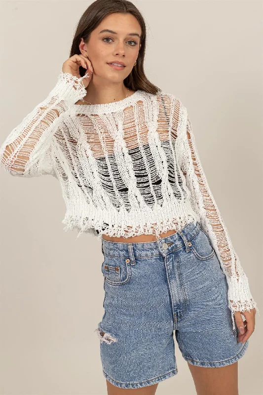 Chic Outfits White Distressed Knit Cropped Sweater