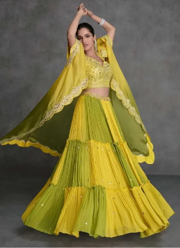 Relaxed Chic Designer Yellow Embroidered Organza Silk Lehenga Set with Crop Top