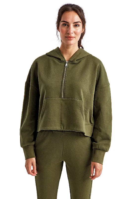 Soft Casuals TriDri Womens Alice 1/4 Zip Hooded Sweatshirt Hoodie w/ Pouch Pocket - Olive Green