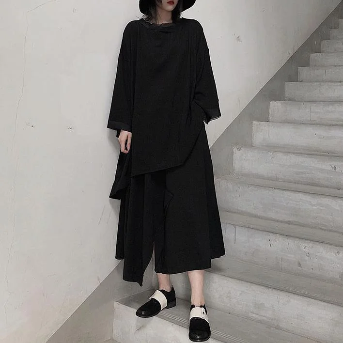 Comfy Chic Wear Classy Black Blouses For Women O Neck Asymmetric Art Spring Shirt