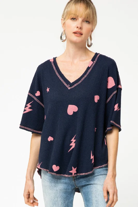 Casual Fit Wear Navy & Pink Waffle Knit Top