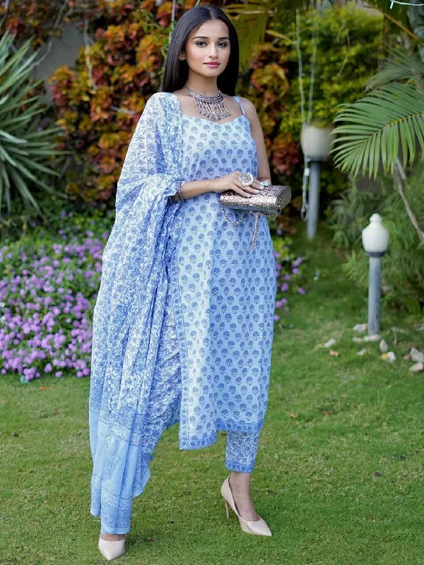 Warm Chic Blue Printed Cotton Straight Kurta With Trousers & Dupatta