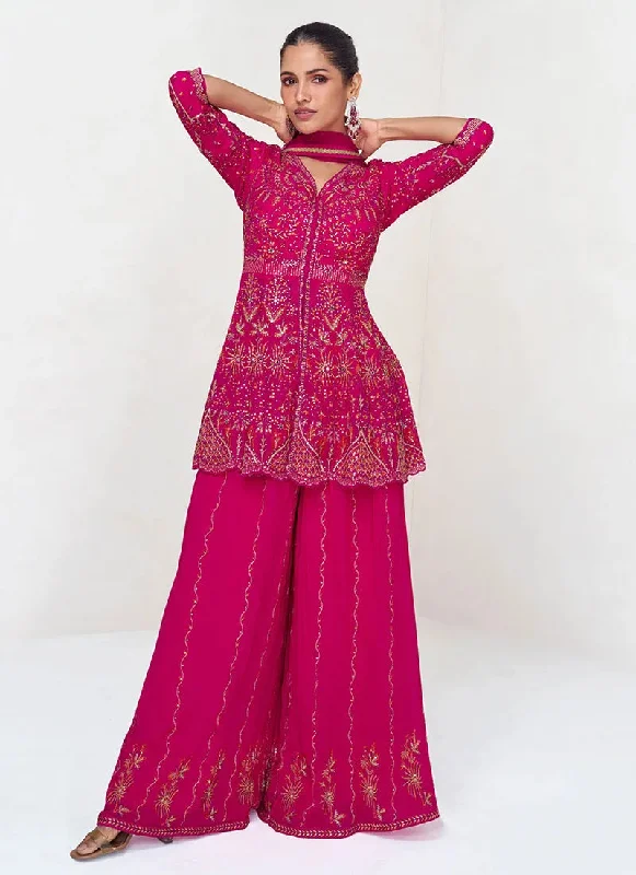 Relaxed Weekend Wear Passionate Rani Pink Embroidered Designer Sharara  Suit