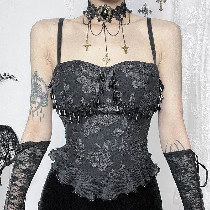 Trendy Dresses Women's Gothic Floral Embossed Beaded Tank Top