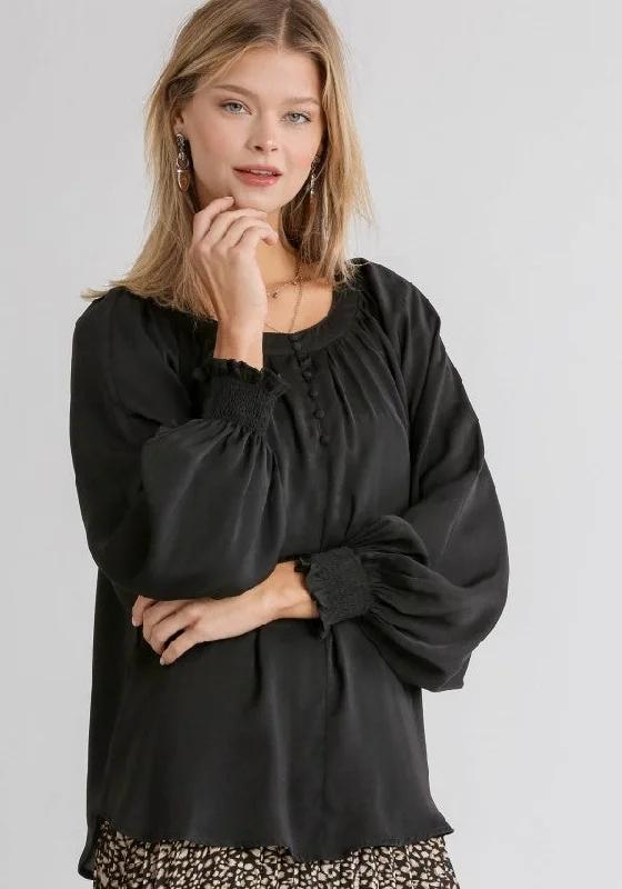 Casual Chic Wear Washed Satin Blouse, Black