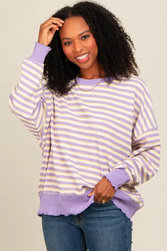 Cozy Chic Trends Lavender Striped Ruffle Hem Long Sleeve Top