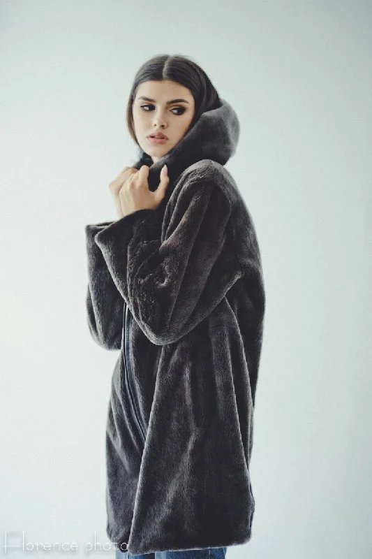 Light Layers Grey Hooded Beaver Fur Parka