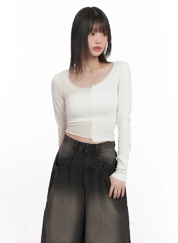 Light Comfort Sheer Asymmetric Long Sleeve Top CJ528