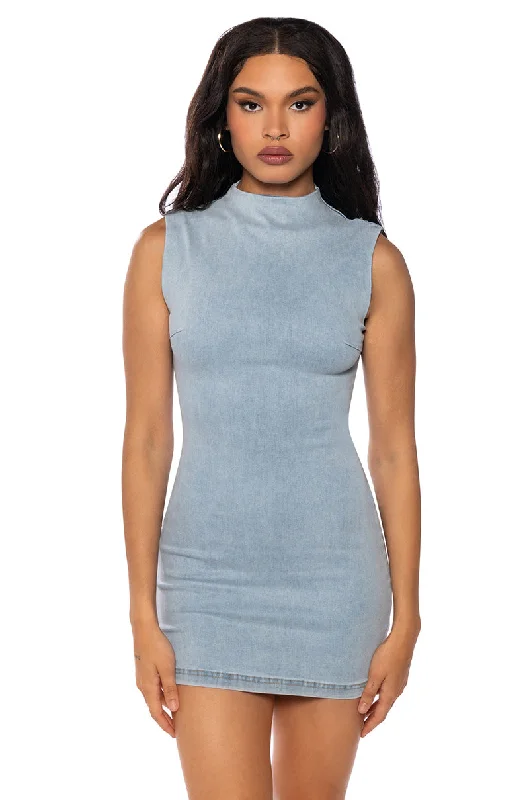 Easy Comfort Style INTO THE NIGHT DENIM BODYCON MINI DRESS IN LIGHT BLUE