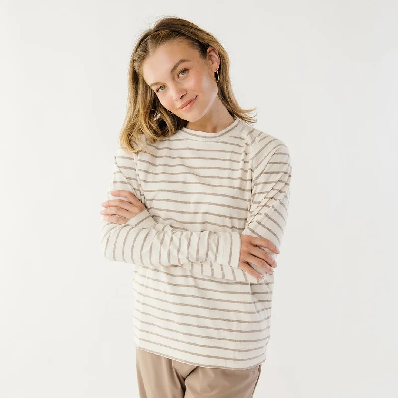 Soft Feel Riley Long Sleeve Stripe Tee, Ivory/Brown