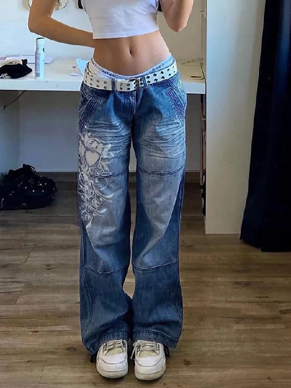 Easy Wear Chic Vintage Washed Heart Print Jeans