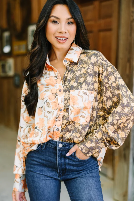 Cozy Fashions Jump Right In Cream White Floral Satin Blouse