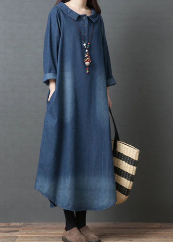 Elegant Casuals Handmade Blue PeterPan Collar Pockets Patchwork Fall Denim Long sleeve Dresses Elegant Casuals Handmade Blue PeterPan Collar Pockets Patchwork Fall Denim Long sleeve Dresses