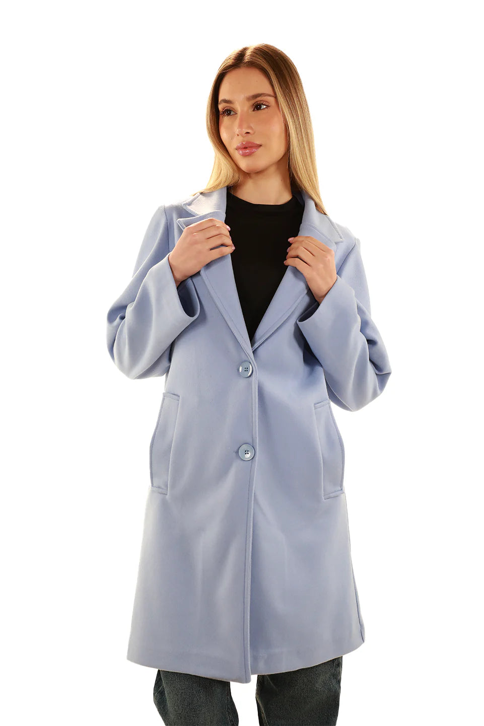 Easy Chic Wear Blue Buttoned Coat With Slanted Pockets