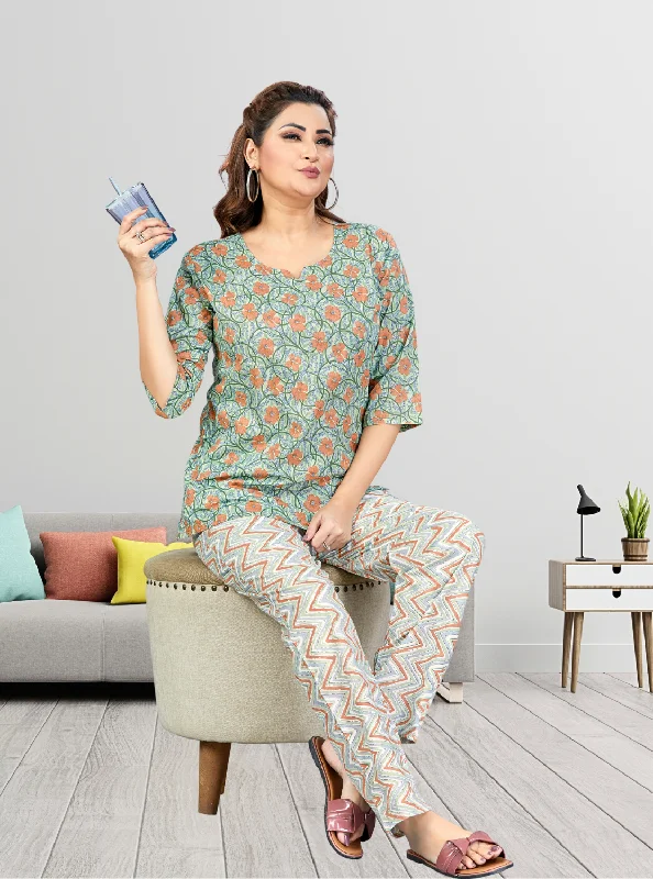 Relaxed Fits MANGAI Premium Cotton Printed Cambric Night Suits | Stylish Print's All Over | Top & Bottom Set | 3/4 Sleeve | Trendy Night Suits for Stylish Women's (CMNS) Relaxed Fits MANGAI Premium Cotton Printed Cambric Night Suits | Stylish Print's All Over | Top & Bottom Set | 3/4 Sleeve | Trendy Night Suits for Stylish Women's (CMNS)