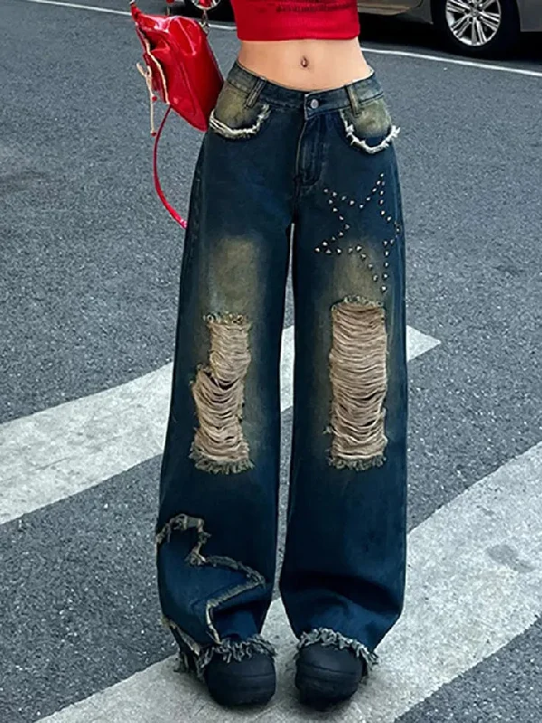 Soft Knitwear Star Rhinestone Gradient Low Waist Loose Jeans