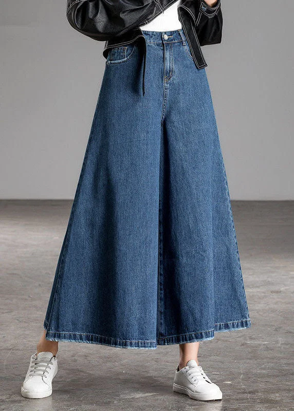 Comfy Dress Bohemian Blue High Waist Pockets Wide Leg Fall Denim Pants