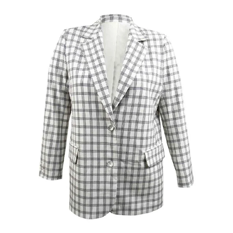 Comfortable Tops Danielle Bernstein Women's Structured Blazer (L, Ivory Plaid)