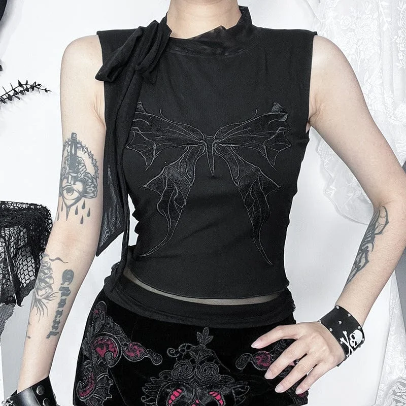 Soft Trends Women's Gothic Butterfly Embroidered Lace-up Tank Top