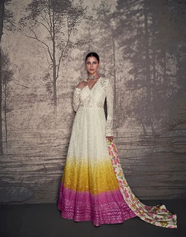 Relaxed Tops Stunning Multi Colored Ombre Embroidered Anarkali Gown