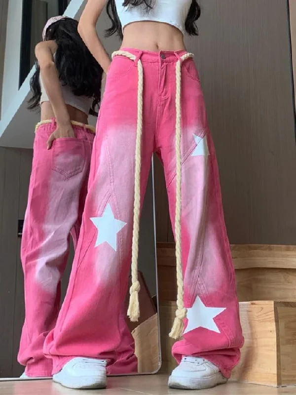 Chic Outfits Pink Star Print Splice Boyfriend Jeans